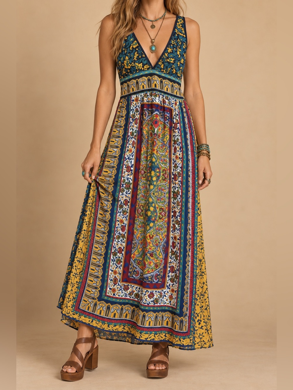 Vintage ANGIE Boho Patchwork Print Empire Waist Maxi Dress Large